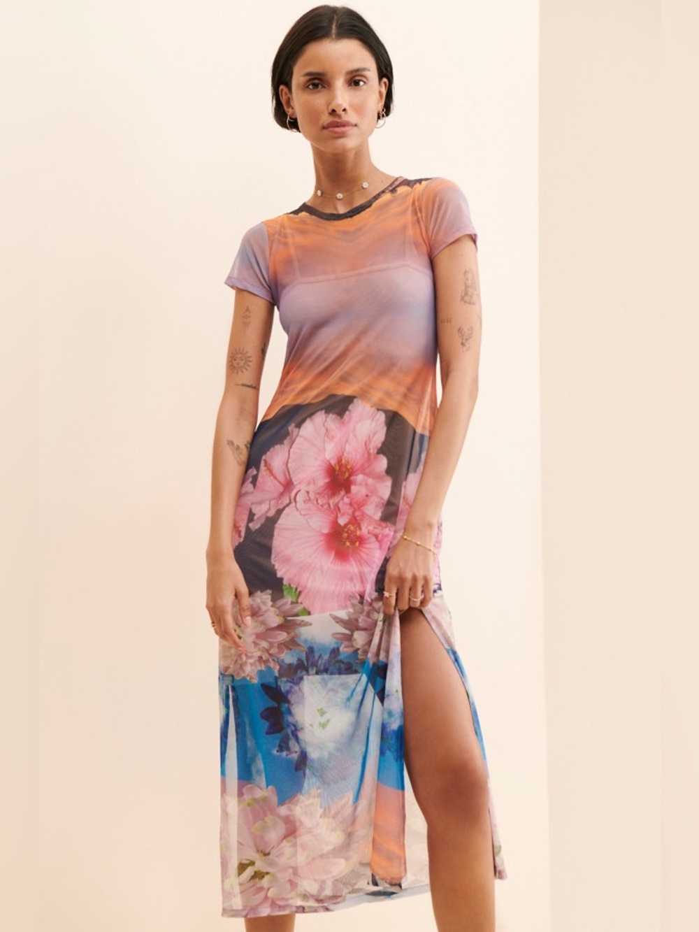 Mandinga Floral Ombre Maxi Dress Side Slit sheer medium short sleeve
